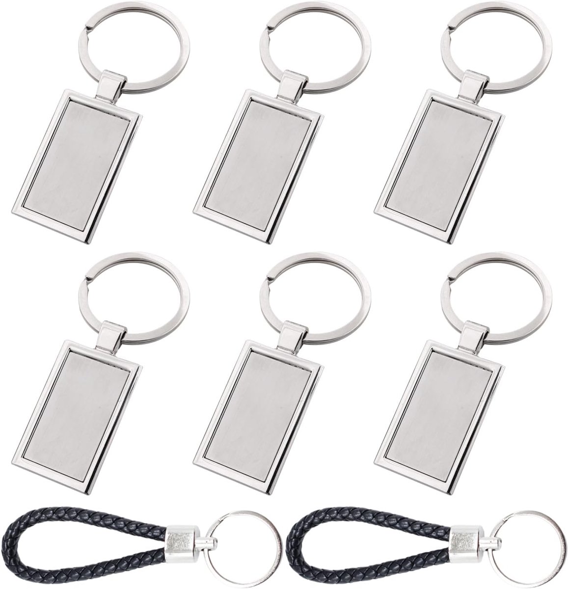 6 stuks vierkante sleutelhangers, 2 stuks leren touw-sleutelhanger, leeg vierkant sleutelhangerlabel, metalen bagagelabel, sleutelhangerring