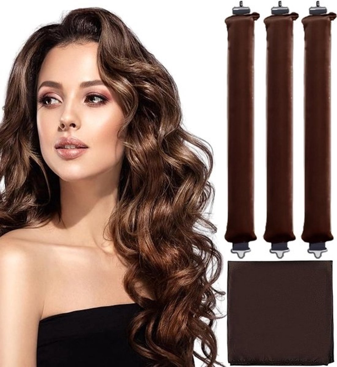 Set van 3 heatless krulspelden met zijden sjaal voor doe-het-zelfstyling - bruin - lang haar - zachte krullen