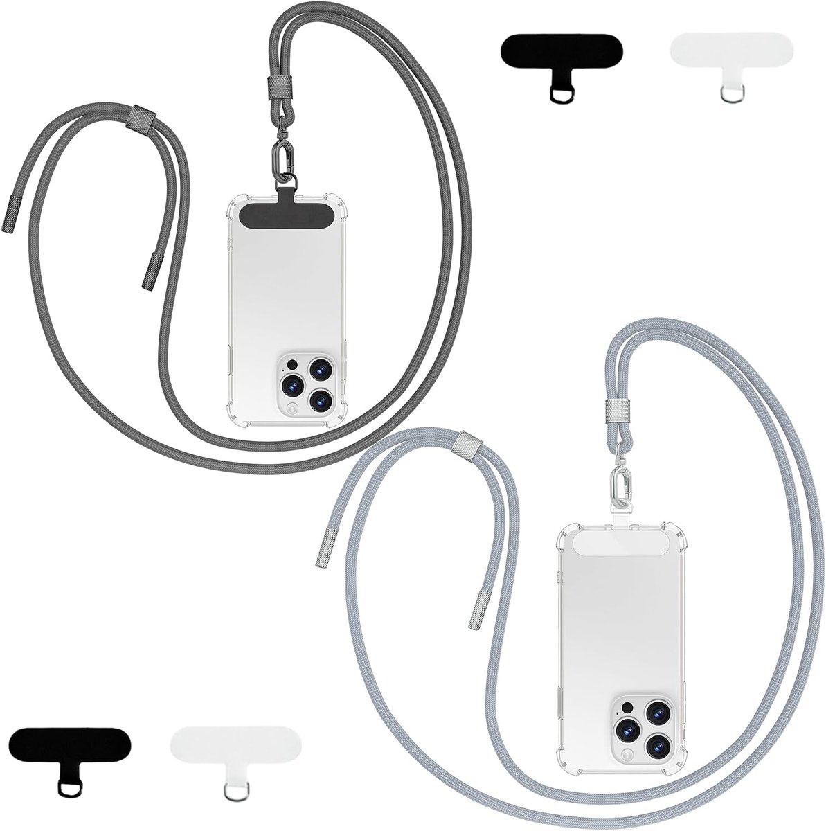 Telefoonketting Universeel - 2 Stuks 4 Pads,160cm Nylon,Sleutelband,Verstelbaar en Afneembaar.(Lichtgrijs + Donkergrijs)