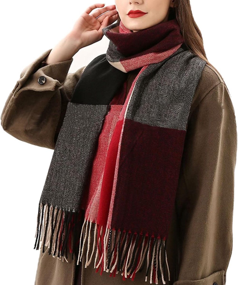 Sjaals voor dames, geruit, poncho, zacht, hoogwaardig gebreide wintersjaal met kwasten