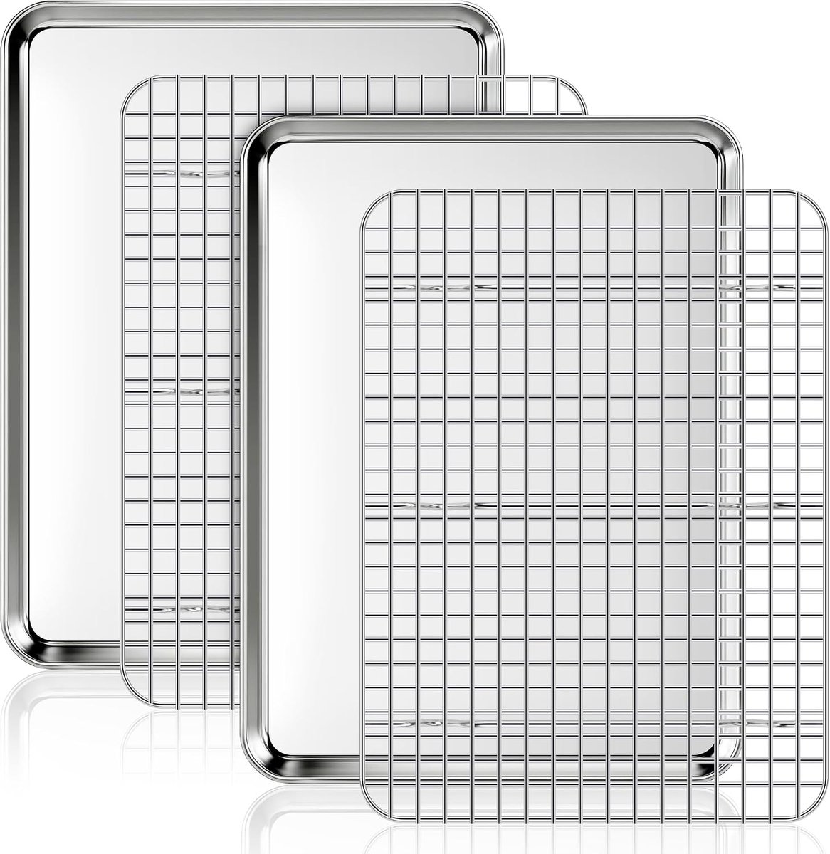 More Bakplaat met Koelrooster, 2 roestvrij staal bakplaten en 2 koelroosters voor oven, 40,5 x 30,5 x 2,5 cm rechthoekige ovenplaat voor bakken/serveren
