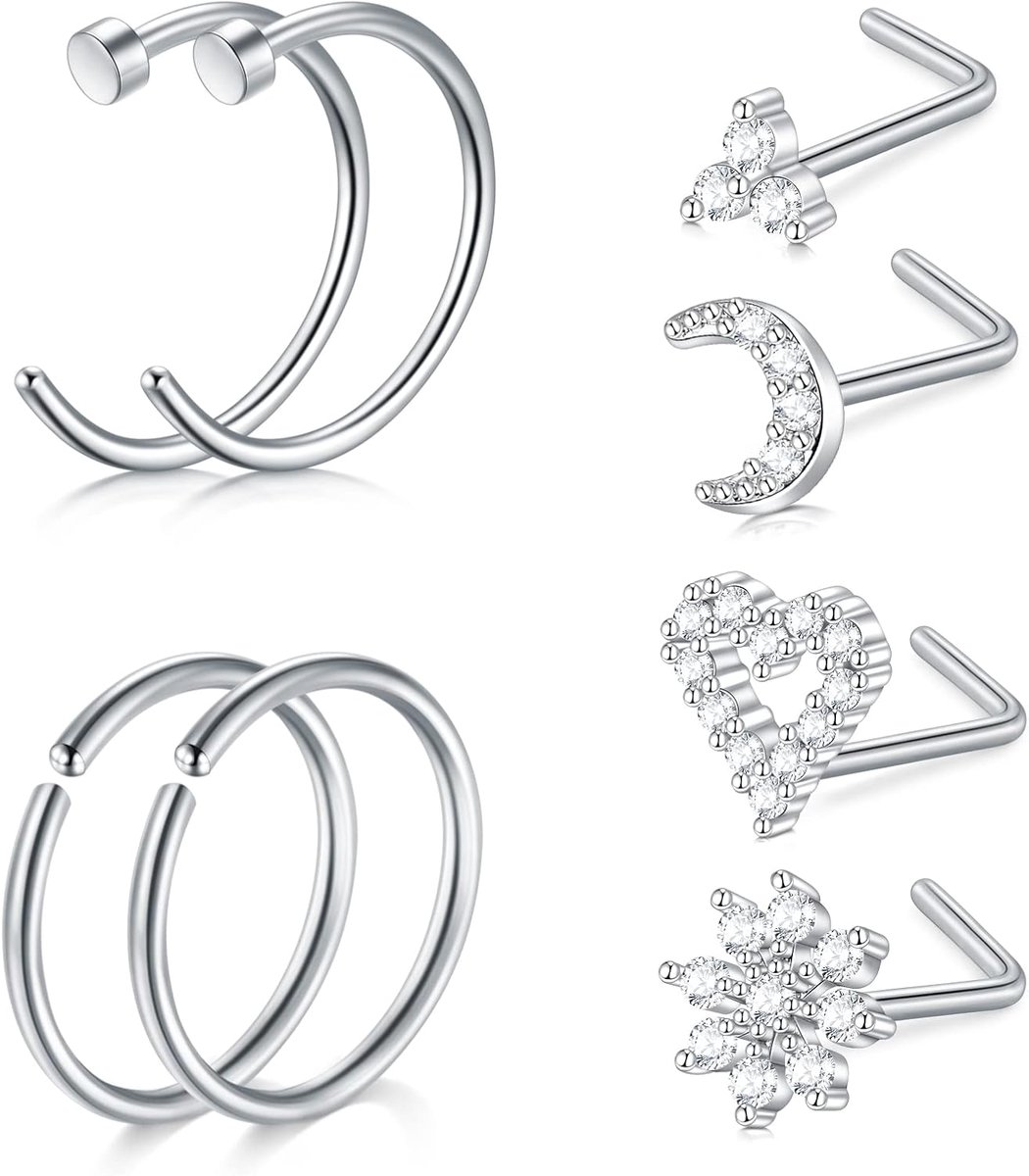 Neuspiercing, neusring, piercing, neussteker, 20 g, chirurgisch staal, L-vormig met hart, bloem, vlinder, gewei, CZ, neuspiercing, 6-8 stuks, voor dames en heren, zilver, roségoud, Metaal