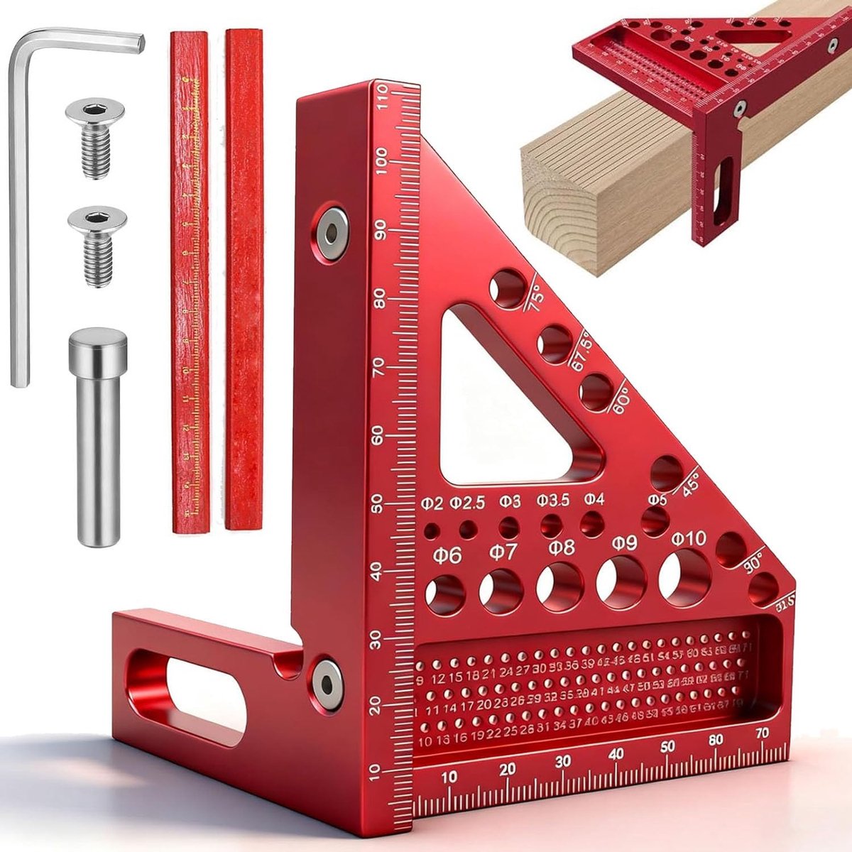 3D Mitre Angle, 22.5-90° 3D Multi-Angle Measuring Ruler, Multi-Purpose Carpenter Angle Aluminum Alloy with 11 Drill - ShopVlot