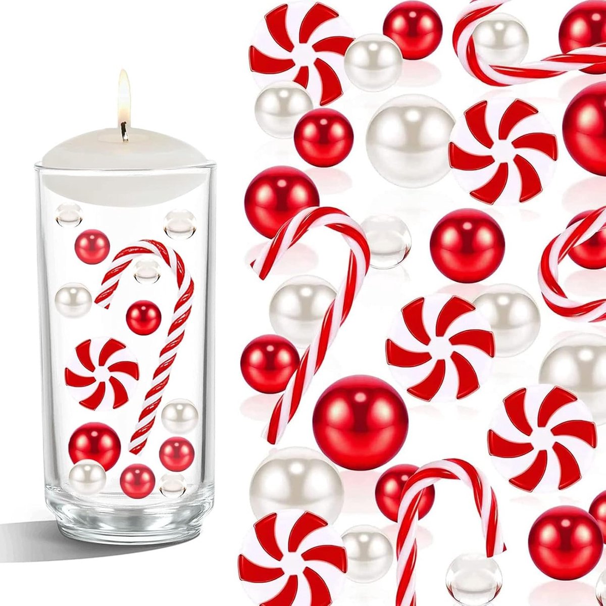 6054 stuks kerstvaasvuller, kerstvaasvuller, zwevende kralen voor vazen, zwevende kralen, suikerstok, watergelparels (rood en wit)