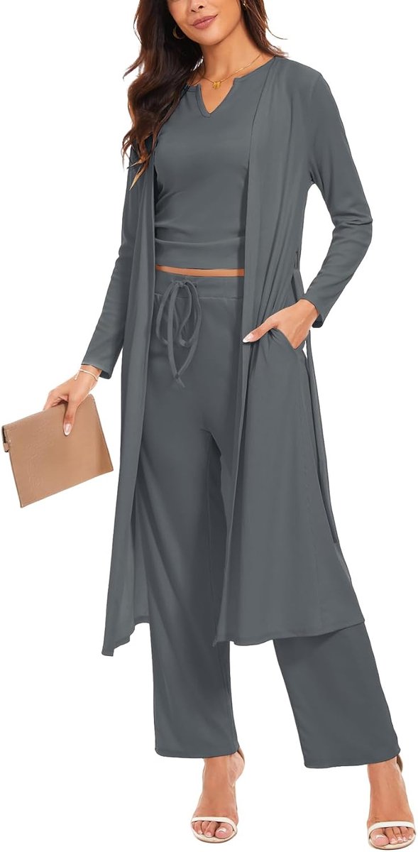Pyjamaset voor dames, elegant, korte mouwen, effen, geruit, lange broek, 2-delig, voor alle seizoenen