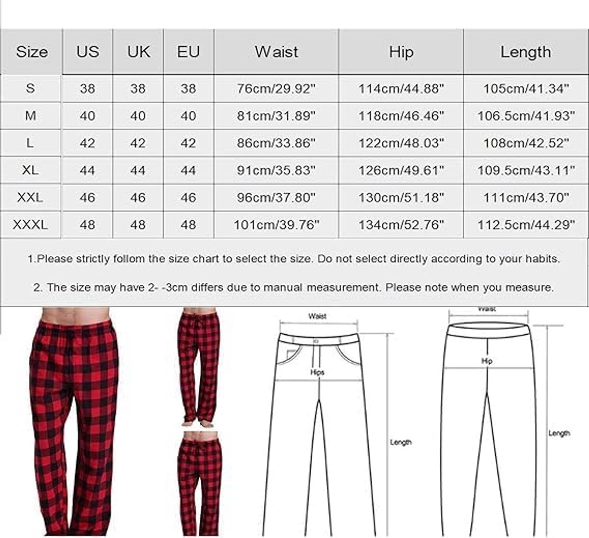 Pyjamabroek voor heren, lang, fleece, geruit, winter, warme pyjamabroek, zachte vrijetijdsbroek, kerstpyjama met zakken en trekkoord
