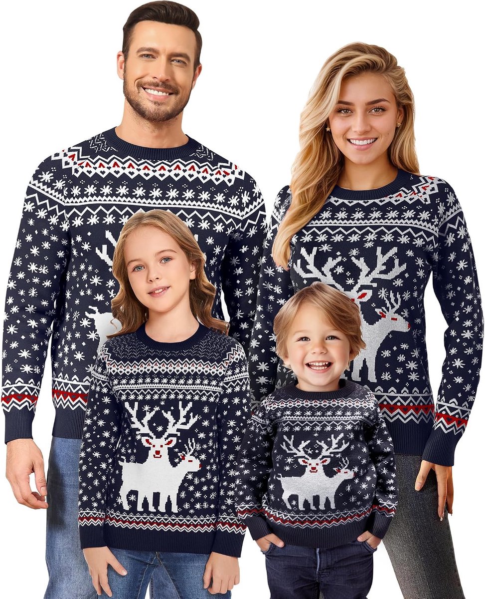 Kersttrui, voor dames, heren en kinderen, grappige kersttrui, lelijke kersttrui, met ronde hals, gebreid, met rendieren, uniseks, familieset