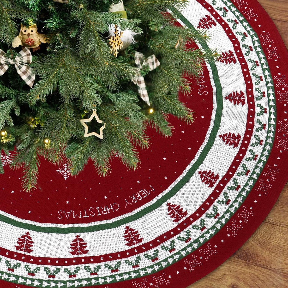 Rok, 92 cm, gebreide sneeuwvlokken, kerstboomdeken, rond, bordeauxrood, groen, kerstboomdeken, grote kerstboomstandaard, kerstboomtapijt voor thuis, vakantie, kerstdecoratie