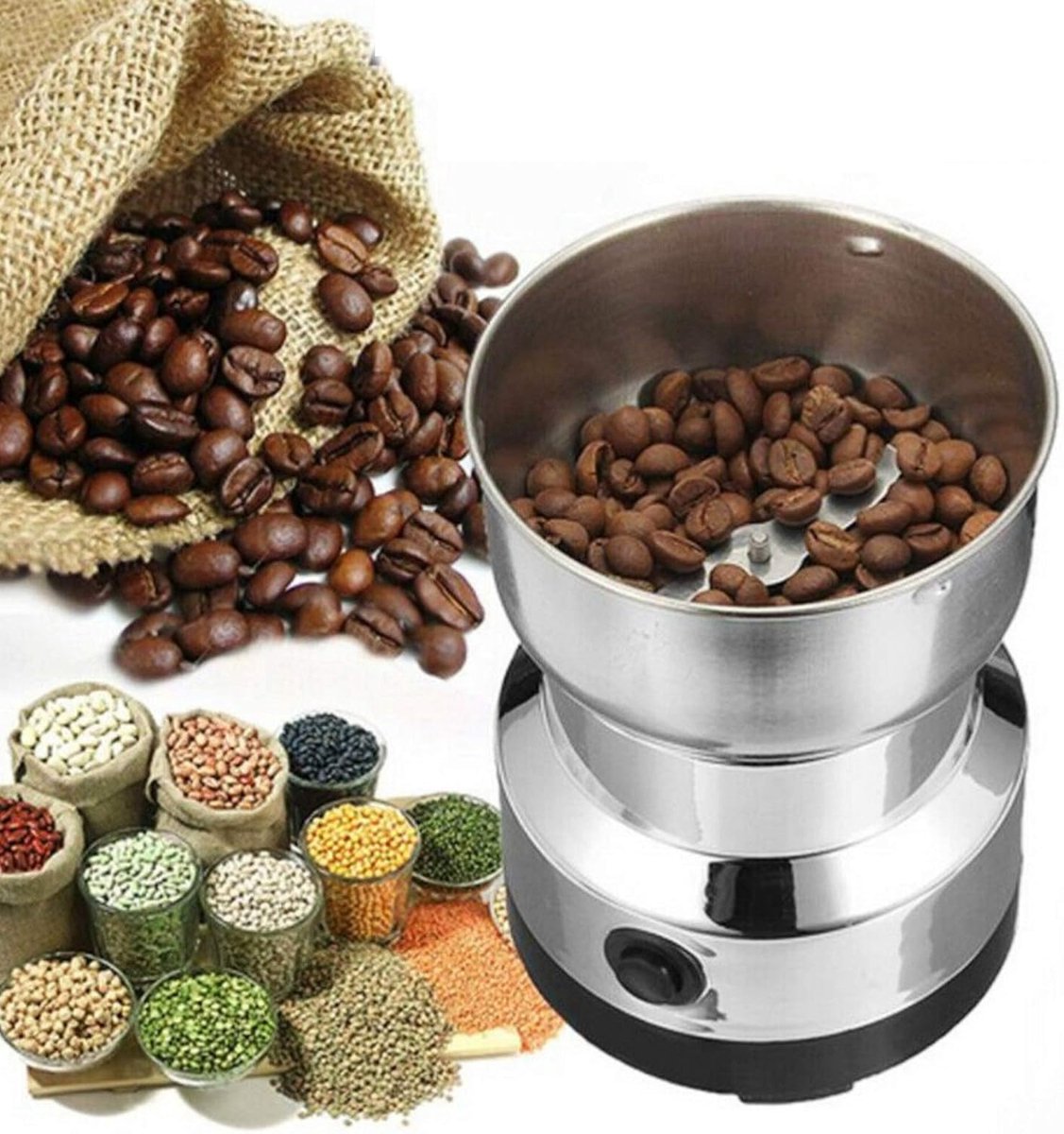 Koffiemolen, roestvrij staal, specerijen, koffie, noot, granen, kruidenmolen, molen, mixer, keukengereedschap, maalhoeveelheid 100 g