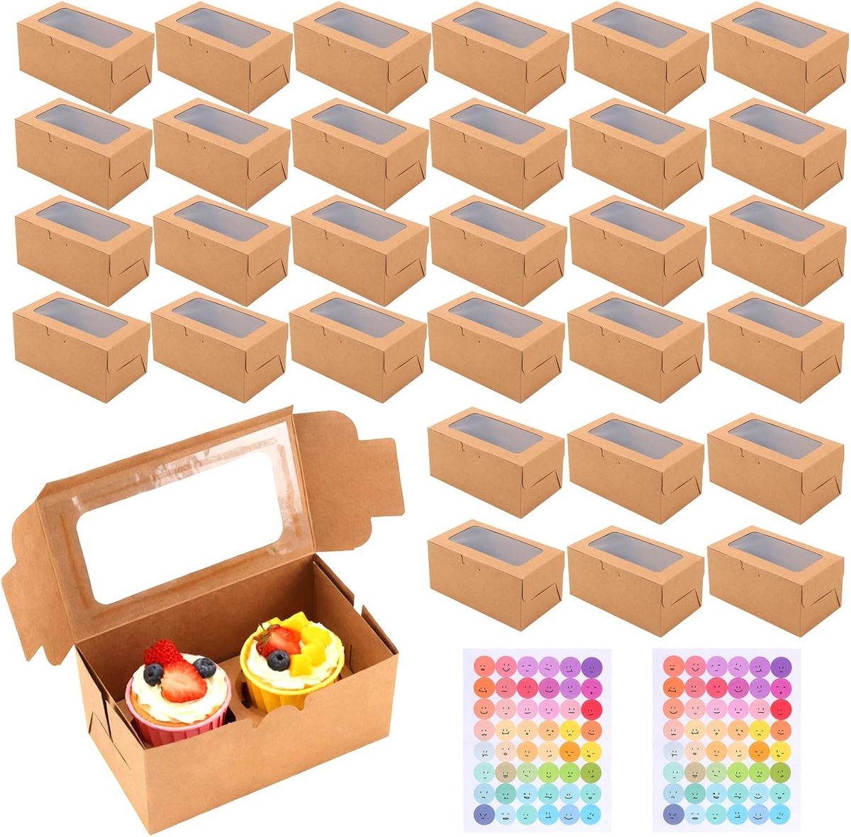 50 Stuks Kraft Cupcake Dozen met Venster en Stickers, Ideaal voor Bruiloften, Verjaardagen en Thuisbakken, 6.3 x 3.5 x 3 inch, Bruin, Perfecte Verpakking voor Gebak en Taarten