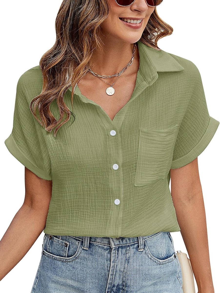 Blouse dames zomer elegant V-hals button-down blouses casual katoen korte mouwen hemdblouse basic revers hemd bovenstuk tuniek shirts tops