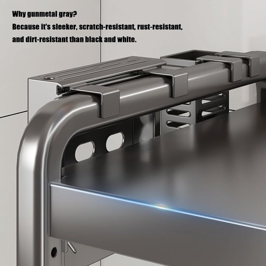 Uitbreidbaar magnetronrek, verstelbaar koolstofstaal magnetronplank, aanrecht organizer plankstandaard met 6 haken voor broodrooster, pot pan grill opbergrekken (grijs) — afbeelding 3