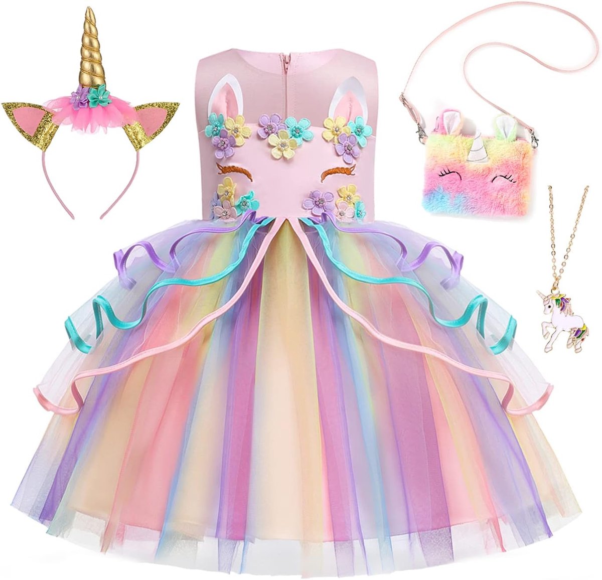 Eenhoorn prinsessenjurk voor meisjes, eenhoornkostuum voor kinderen, met accessoires, feest, verkleedpartij, verjaardag, Kerstmis, dans, Halloween, carnaval, cosplay outfit