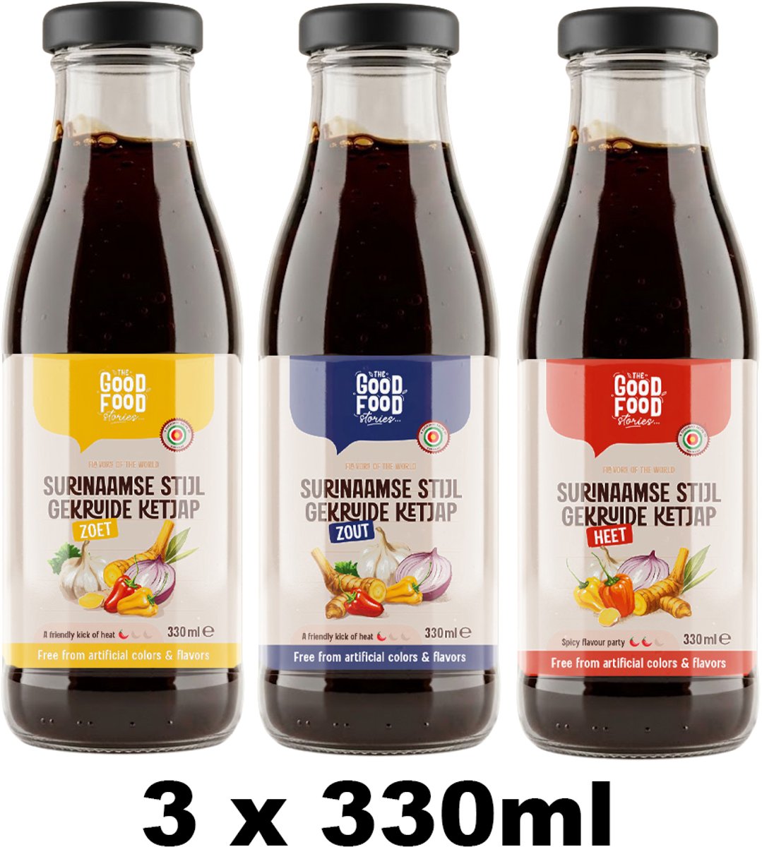 Surinaamse Gekruide Ketjap Mix Pakket Zoet, Zout & Heet - Authentieke Marinade & Tafelsaus - The Good Food Stories (TGFS) - 3 x 330ml