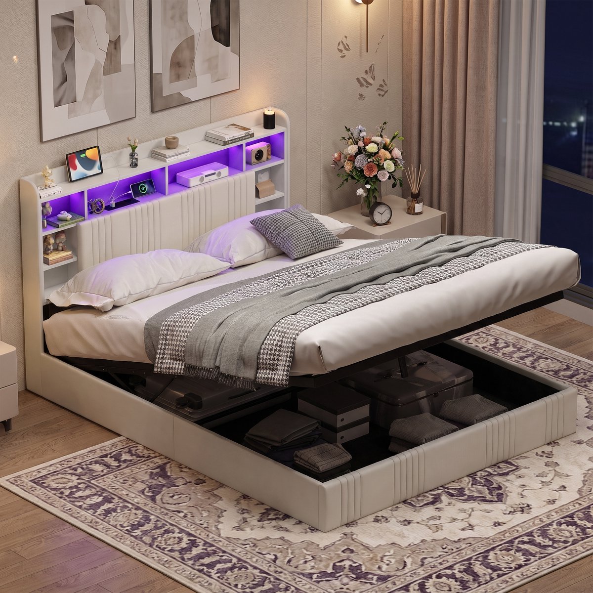 MEXUS Opbergbed 160x200 cm met RGB-ledverlichting en USB-poorten, Gestoffeerd hoofdbord met opbergruimte, Tweepersoonsbed 160x200 met lattenbodem en hydraulische lift, linnen Beige