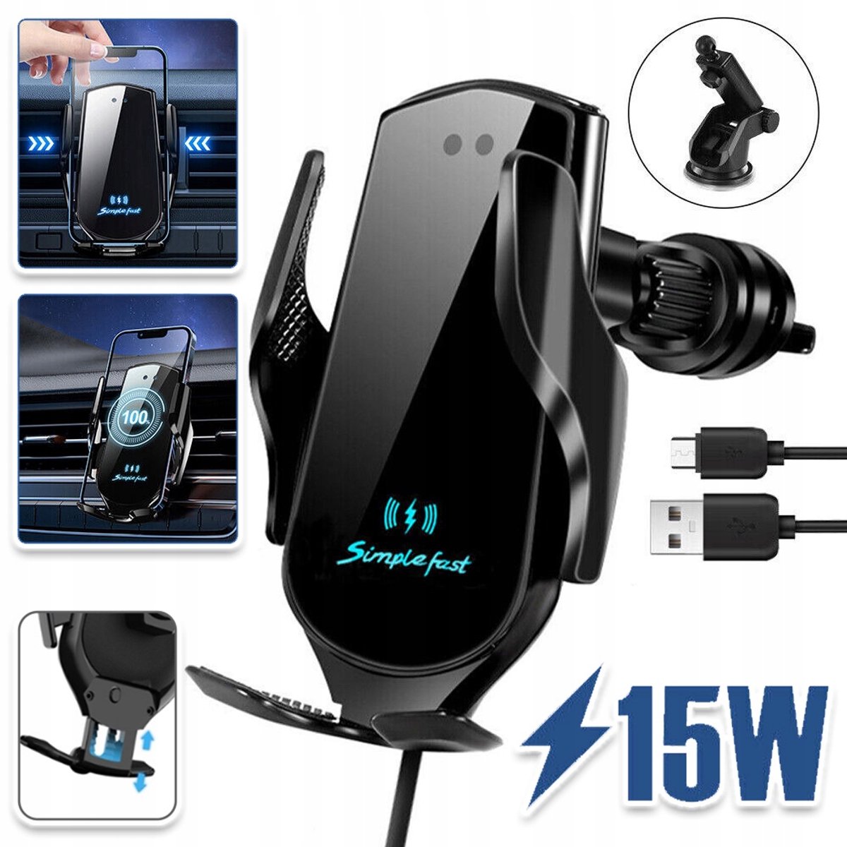 15W Draadloze Autolader voor Ventilatierooster - 360° Verstelbare Telefoonhouder Auto - Ondersteunt Qi & QC Snelladen - Anti-Kras Foam Bescherming - Universeel - Zwart