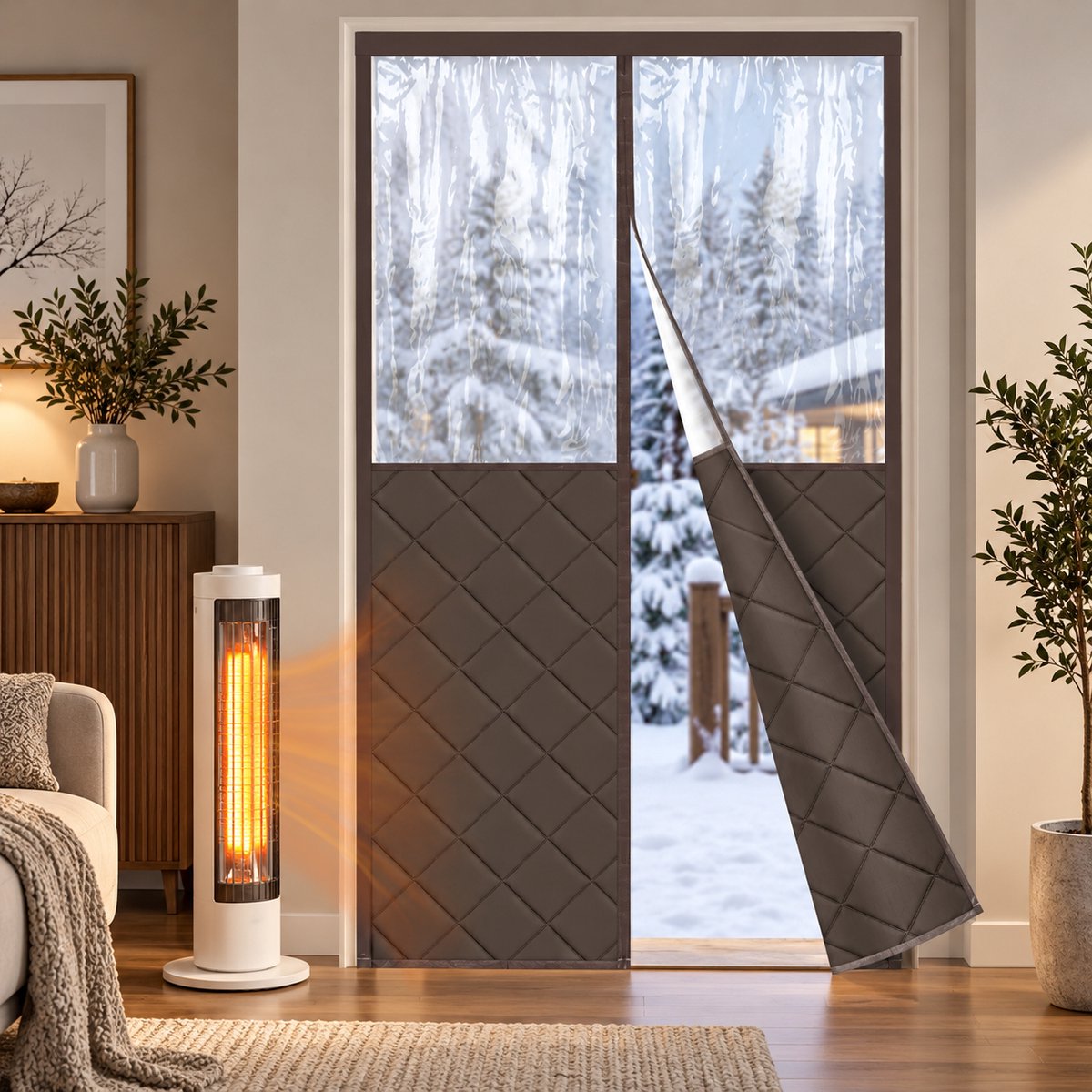 Lapamax Magnetisch Isolerende Gordijnen met Groot PVC-Venster - 380GSM Gewatteerd Deurgordijn - Zelfsluitend, Zonder Boren - Dikke Gordijnen voor Keukendeur en Hal - Bruin - 90 x 210 cm (B x H) - 1 Stuk