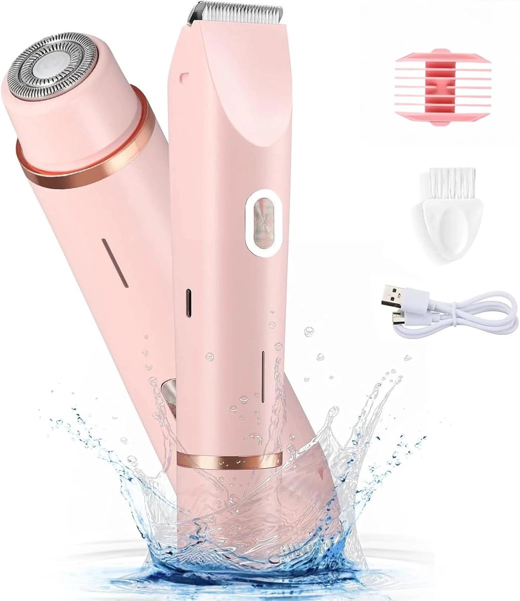 Damestrimmer 2-in-1 – roze, USB-C, waterdicht,voor gezicht, benen, armen en lichaam – dubbele kop