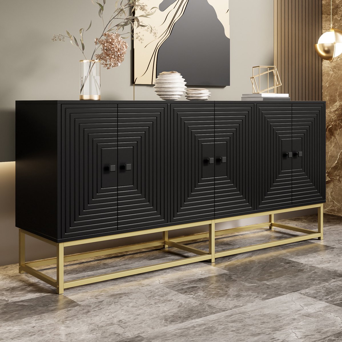 WUVRIE Dressoir 160x38x75,5 cm - 3 dubbele-deurvakken zonder planken - Mat zwart