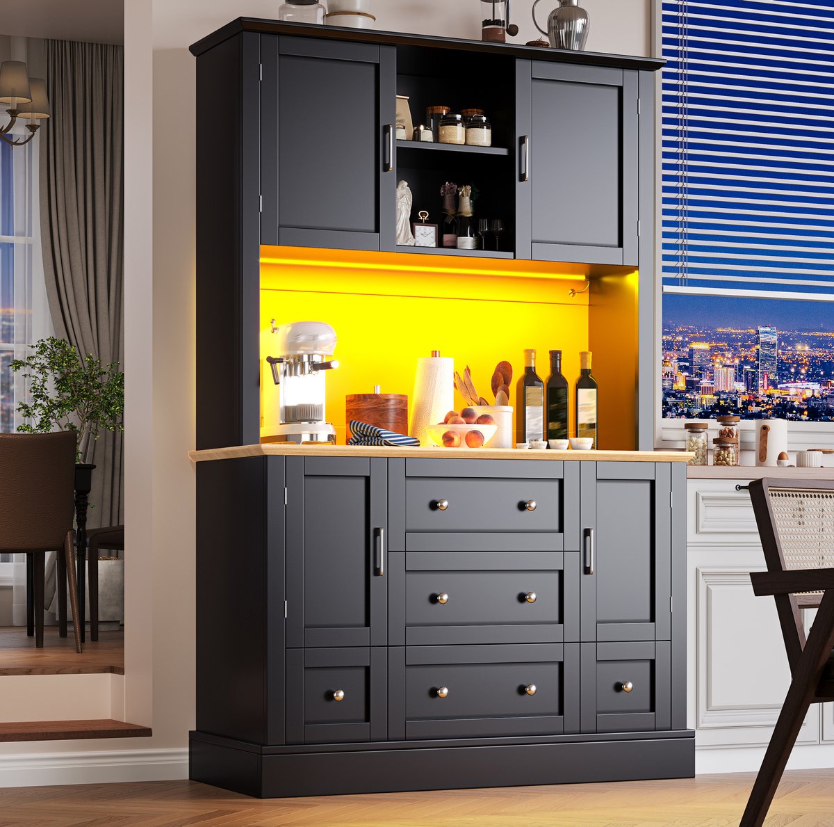 WUVRIE Hoge keukenkast 115x40x180 cm - LED-verlichting met app-bediening - Zwart/naturel Zwart, naturel