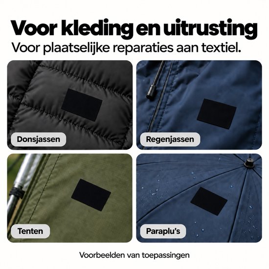 Consumerce® Zelfklevend Nylon Reparatiedoek - 20 x 15 cm - Zwart - Reparatie Patches voor Kleding - Reparatiepatch voor Donsjas, Regenjas en Tent - Textiel Reparatiestof - Plakkers Zonder Naaien - Repair Stickers — afbeelding 4