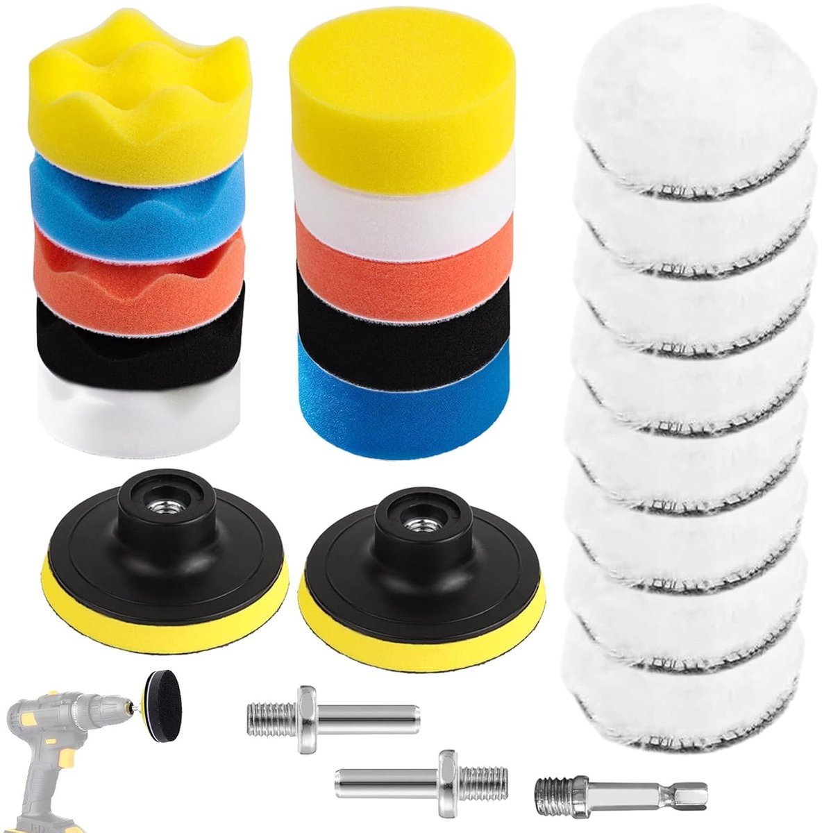Polijstmachine set 23-delig - Polijstpads en sponsen - Voor waxen en schuren - Compleet assortiment - ShopVlot