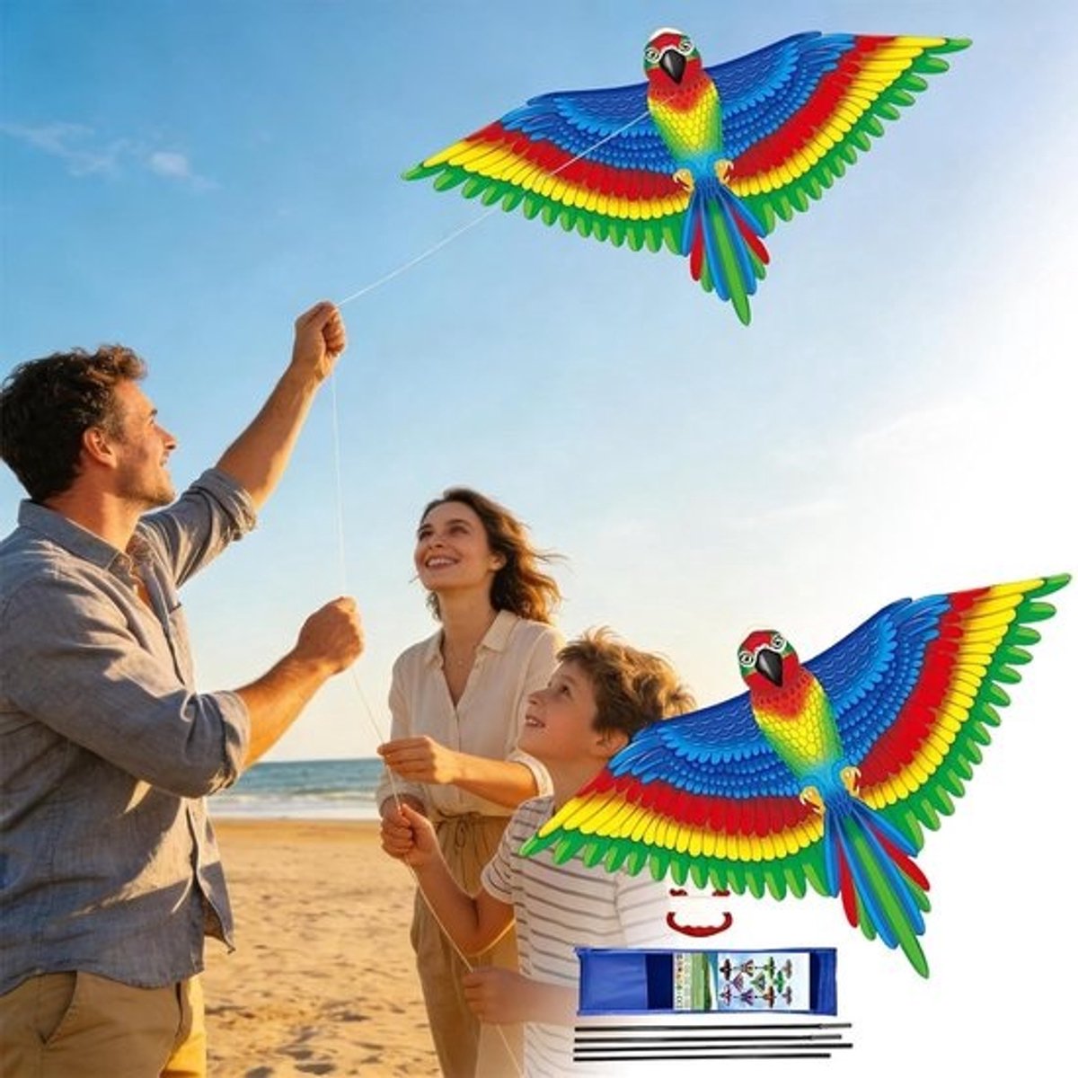 Grote strandvlieger - Vliegend speelgoed - Familiepret - Scheurbestendige stof - 100 m draad - Papegaaienkleur
