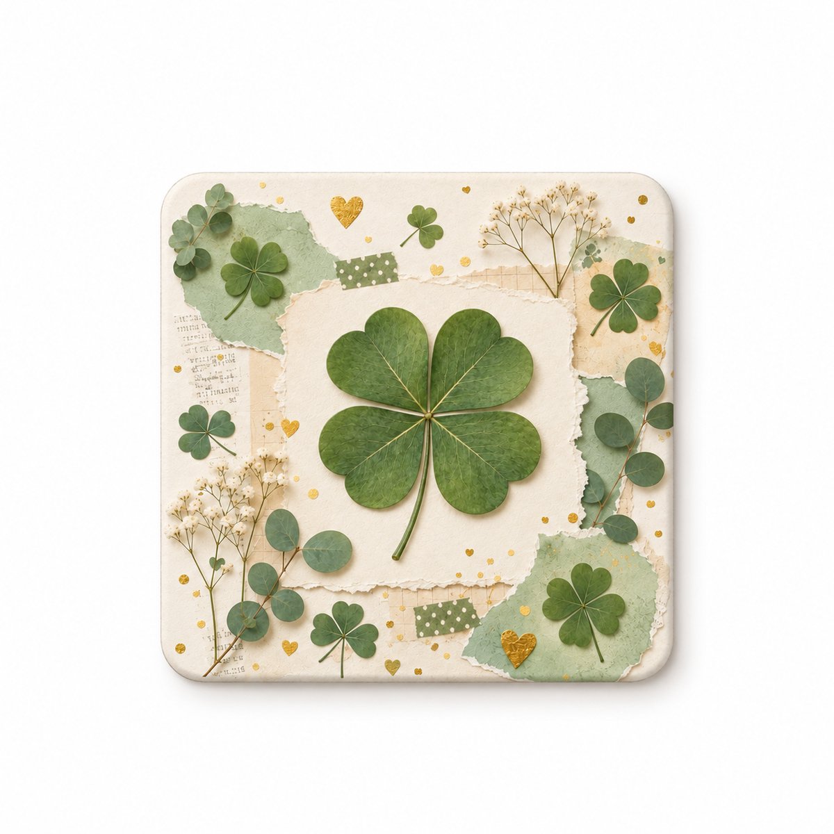 Klavertje Vier MDF onderzetter – 10 x 10 cm – Geluk Cadeau – Vierkante Onderzetter – Groen Design