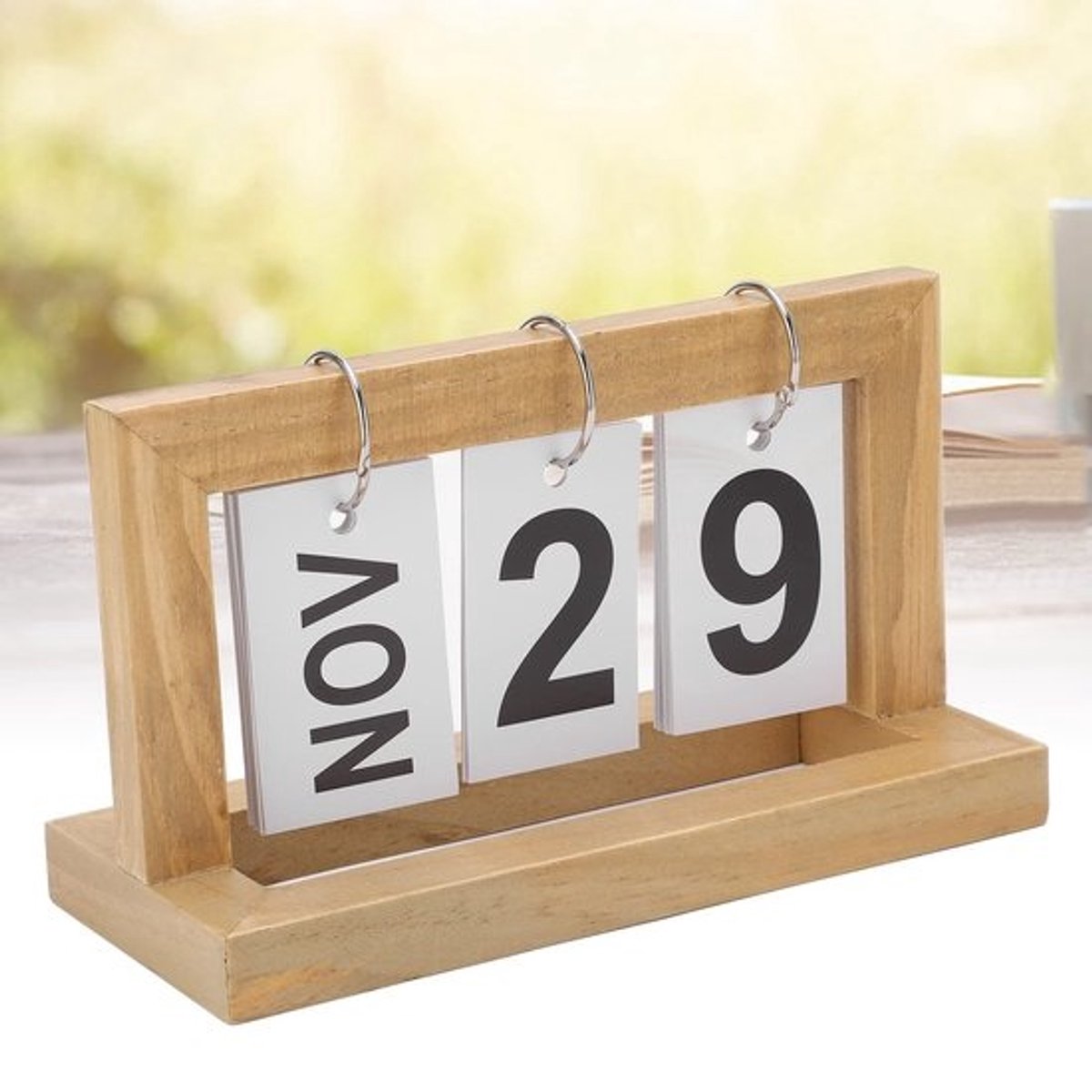 Praktische bureaubladdecoratie - kleine bureaukalender in houtkleur - met maanden, datums en aparte flip-overs, stijlvol Valentijnsdagcadeau