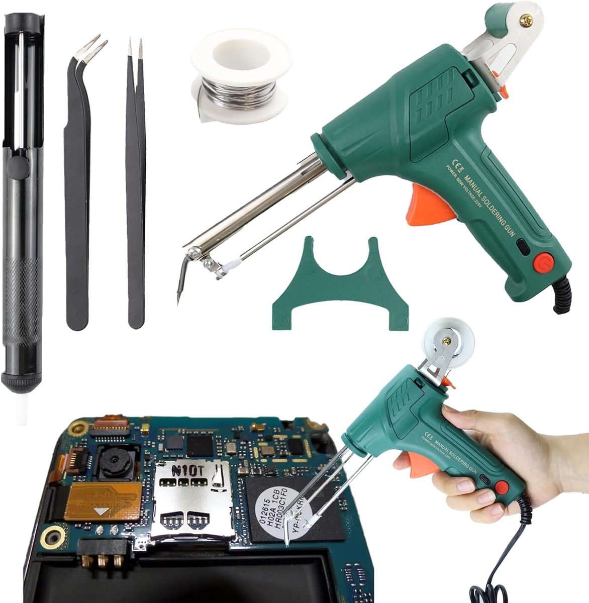 60 W, automatisch elektronisch soldeerpistool, kit met desoldeerpomp, pincet, handheld solderen tinnen pistool voor sieraden, industriële snelverwarmingssoldeerbout