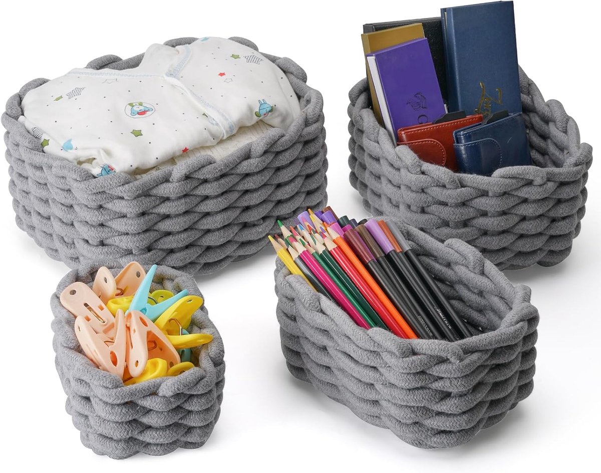 4 -Set set opslagmand gevlochten katoenen touw - mand opgeslagen - stapelbare geheugenopslagmand voor kinderkamer woonkamer badkamer badkamer