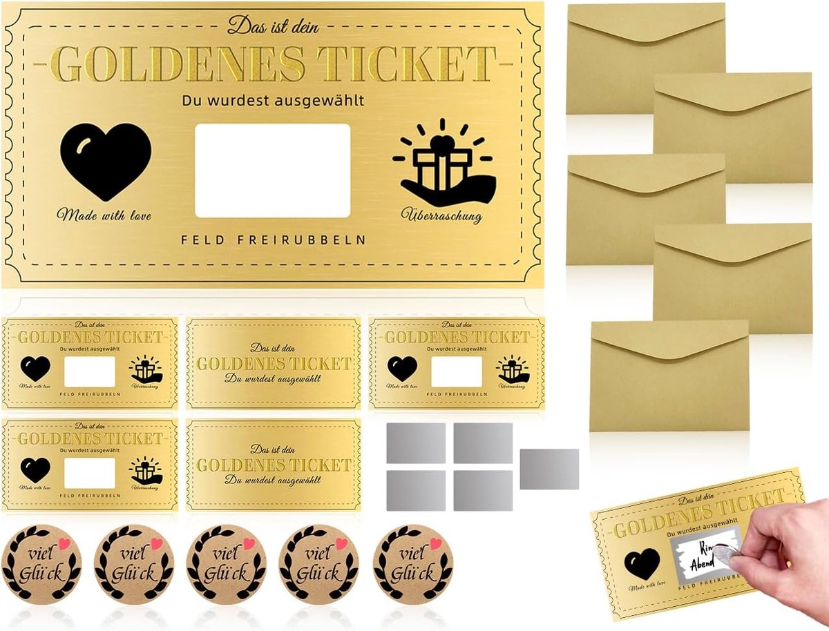 5 Set Bon om Zelf in te Vullen, Gouden Ticket met Wrijfopzegel, Kraft-envelop en Veel Geluk Sticker, Verjaardagskaart, Cadeaus voor Vrouwen