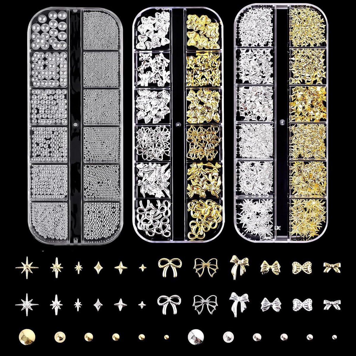 3 doosjes met nagelbedels, 36 verschillende nagelbedels, goud-zilveren sterstrikken, nagelbedels met strassteentjes, nagelbedels in wit, beige en wit als nailart-accessoire