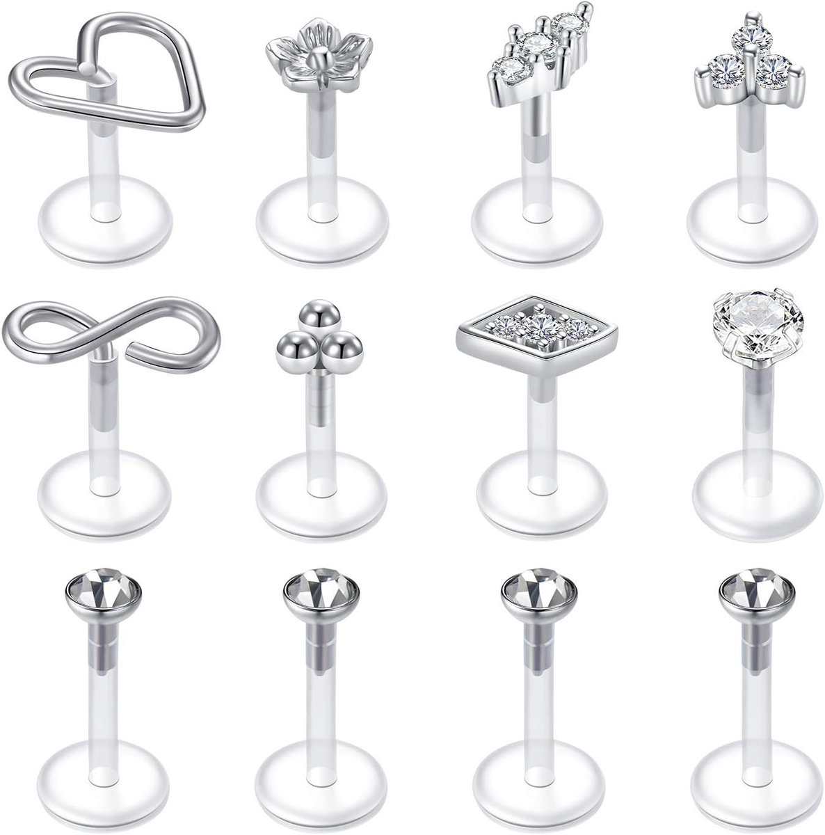 Bioflex Lippenstangen, labret, tragus, helix, kraakbeen, oorstekers, van flexibel kunststof, 16 g, 6/8/10 mm, 12 stuks