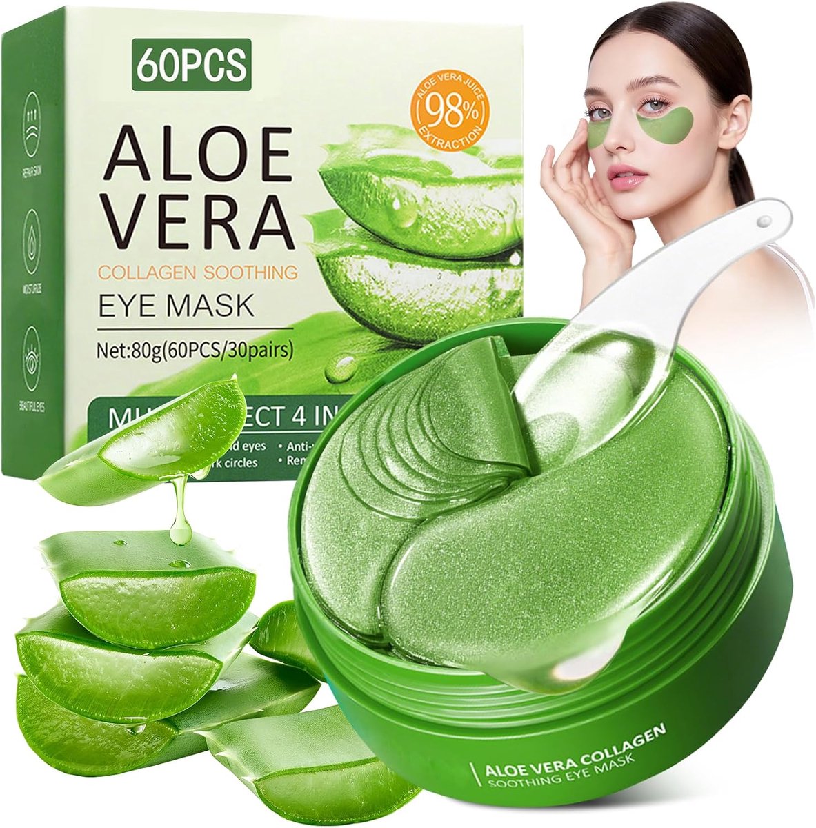 60 stuks aloë vera oogpads, met hyaluronzuur en collageen, verkoelend en hydraterend, tegen donkere kringen, wallen en zwellingen, anti-aging oogpads