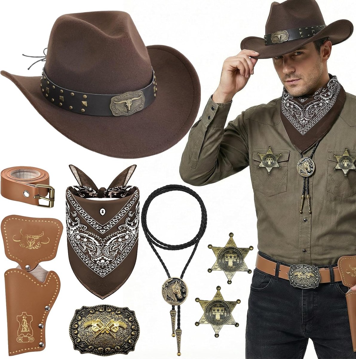 8 stuks western cowboykostuum accessoireset met hoed + paisley + bandana + holster + riem + bologesp + stropdas + halsketting + badge voor cosplay party