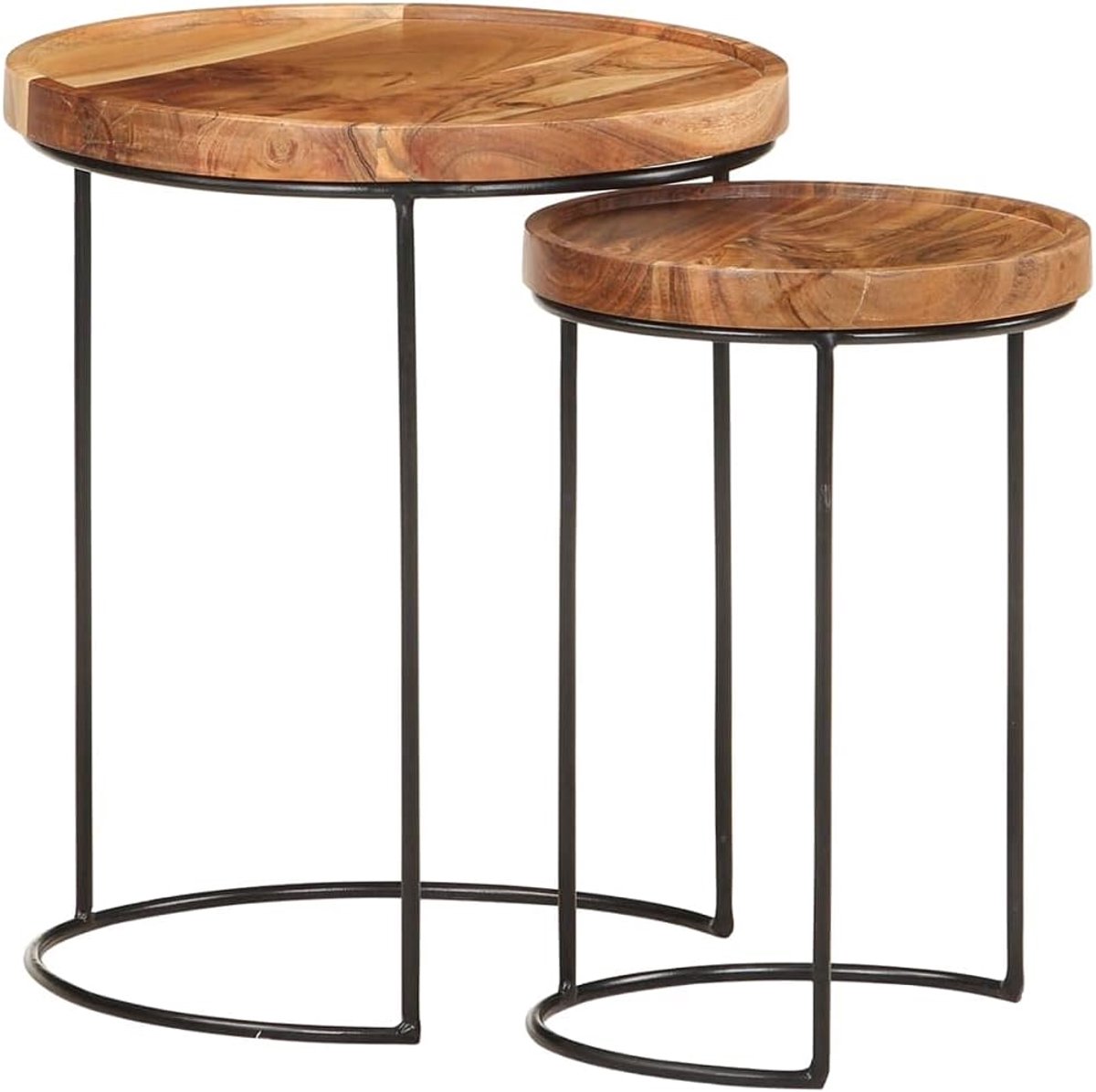 2-delige salontafelset van massief hout acacia en staal, klassieke bijzettafels met vintage charme voor woonkamer, robuuste tafelbladen voor drankjes en gebruiksvoorwerpen,