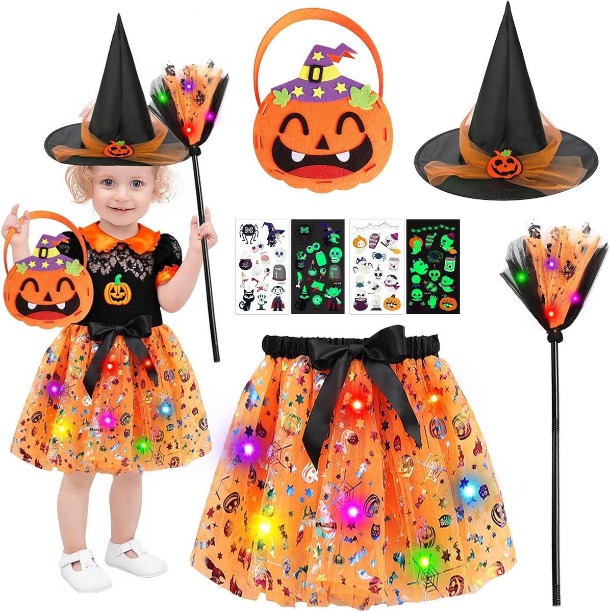 Halloweenkostuum voor meisjes, heksenkostuum kinderen, Halloween-kostuum kinderen, led-heksenjurk, kinderen, oplichtend heksenkostuum, heksenaccessoires met heksenhoed, heksenbezem
