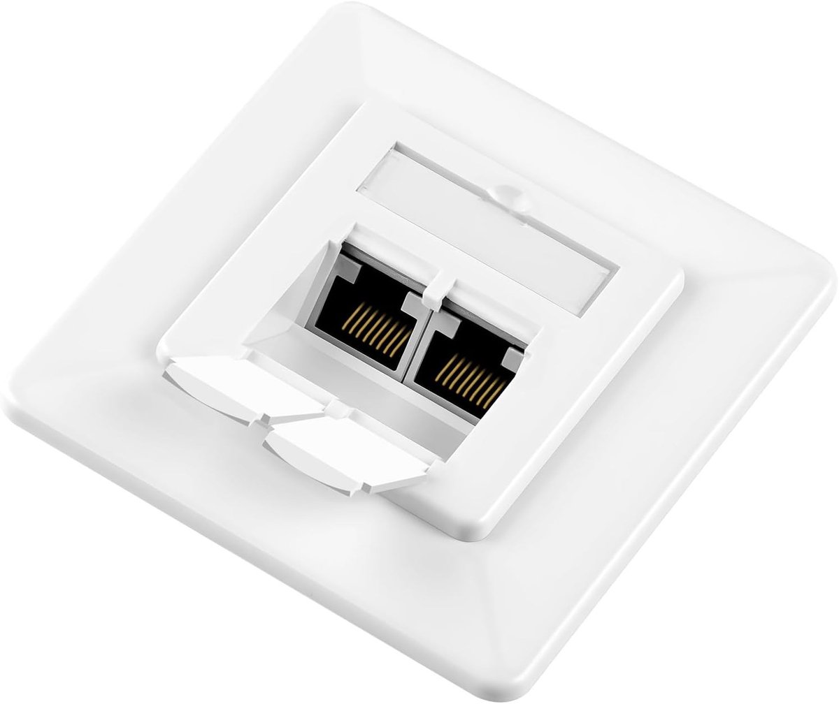 Universele CAT6A Netwerkaansluiting, 2-poorts LAN-aansluiting STP Volledig afgeschermde RJ45-module voor 10 Gigabit Ethernet-netwerk Keystone-aansluiting Opbouwmontage, Wit en Duurzaam