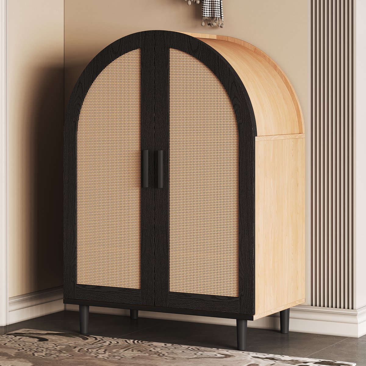 WUVRIE Schoenenkast 70x40x100 cm - 2 rotan deuren en 3 planken - Zwart/naturel
