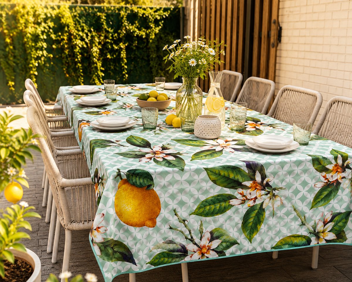 Supershopper - Tafellaken 140x320 cm – Antivlek & Waterafstotend – Mintgroen met Citroenprint – Tafelkleed