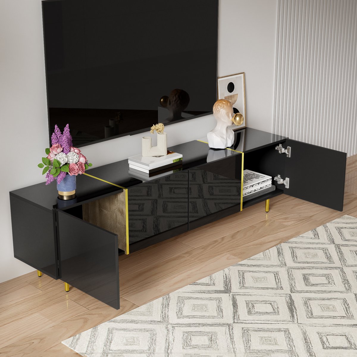 WUVRIE Tv-meubel 170 x 35 x 46 cm - 4 deuren, soft-close en goudaccenten - Zwart hoogglans