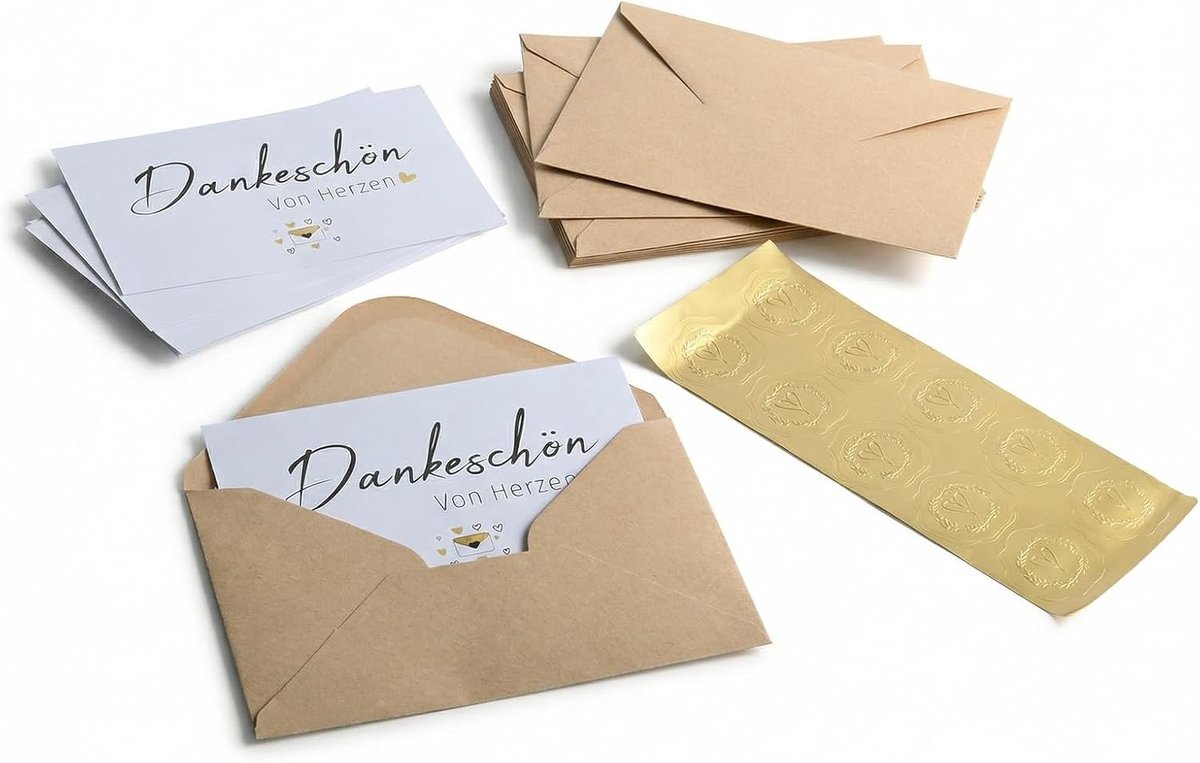 10 bedankkaarten met enveloppen, stickers, goud, bruiloft, verjaardag, cadeauset - ShopVlot