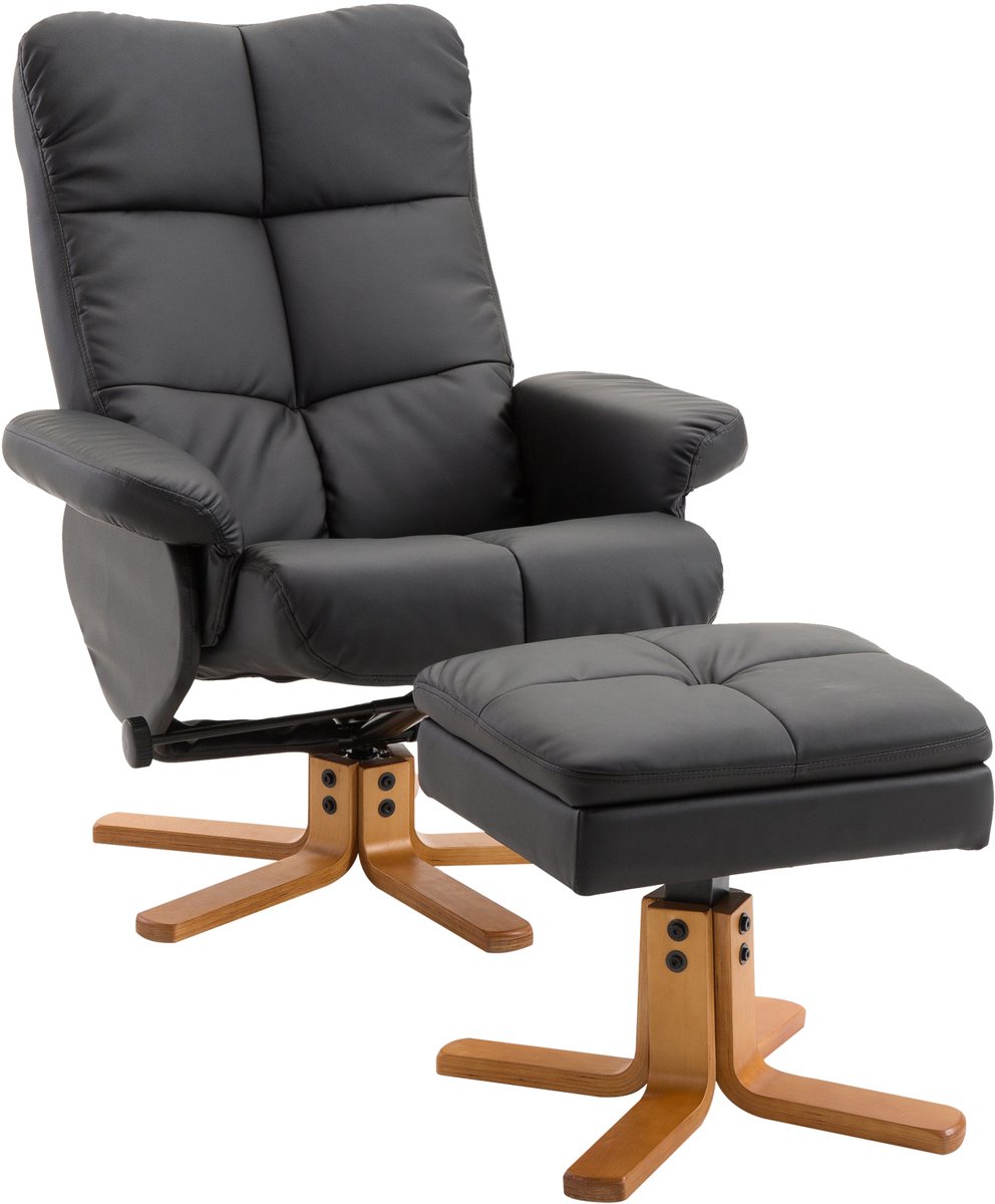 Homona Relaxfauteuil met hocker - Met opbergruimte en 360° draaifunctie - Verstelbare rugleuning - Kunstleer - 80 x 86 x 99 cm - Zwart
