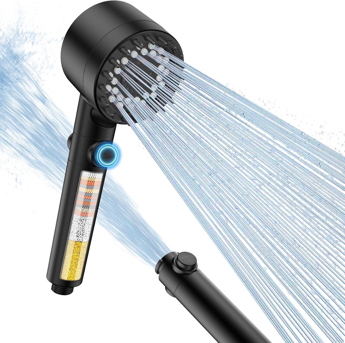 SnelShoppen - Waterbesparende Handdouche met 15-Laags Filter, 4 Stralen, Hoge Druk, Anti-Verstopping, Zwart - Perfect voor Thuis en Onderweg