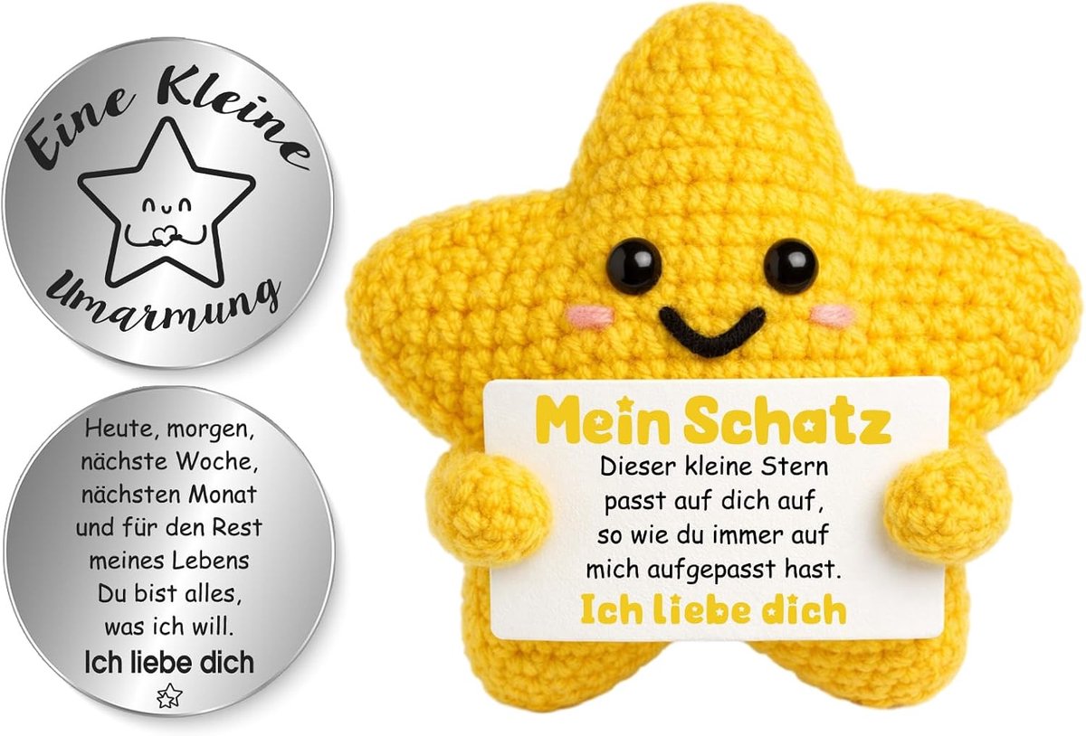 Pocket Hug geluksster, creatieve gebreide wol sterfiguur met kleine omarming, geluksbrenger, cadeau voor vriendin, vriend, partner, liefdescadeau