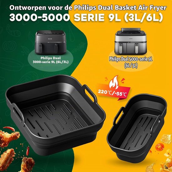 Accessoires voor Philips Airfryer Dual Basket 3000-5000 serie 9L (6L/3L), 2 stuks opvouwbare siliconen vorm heteluchtfriteuse inzetstuk voor Philips Airfryer XXL 9L, NA350/NA352/NA550 — afbeelding 2