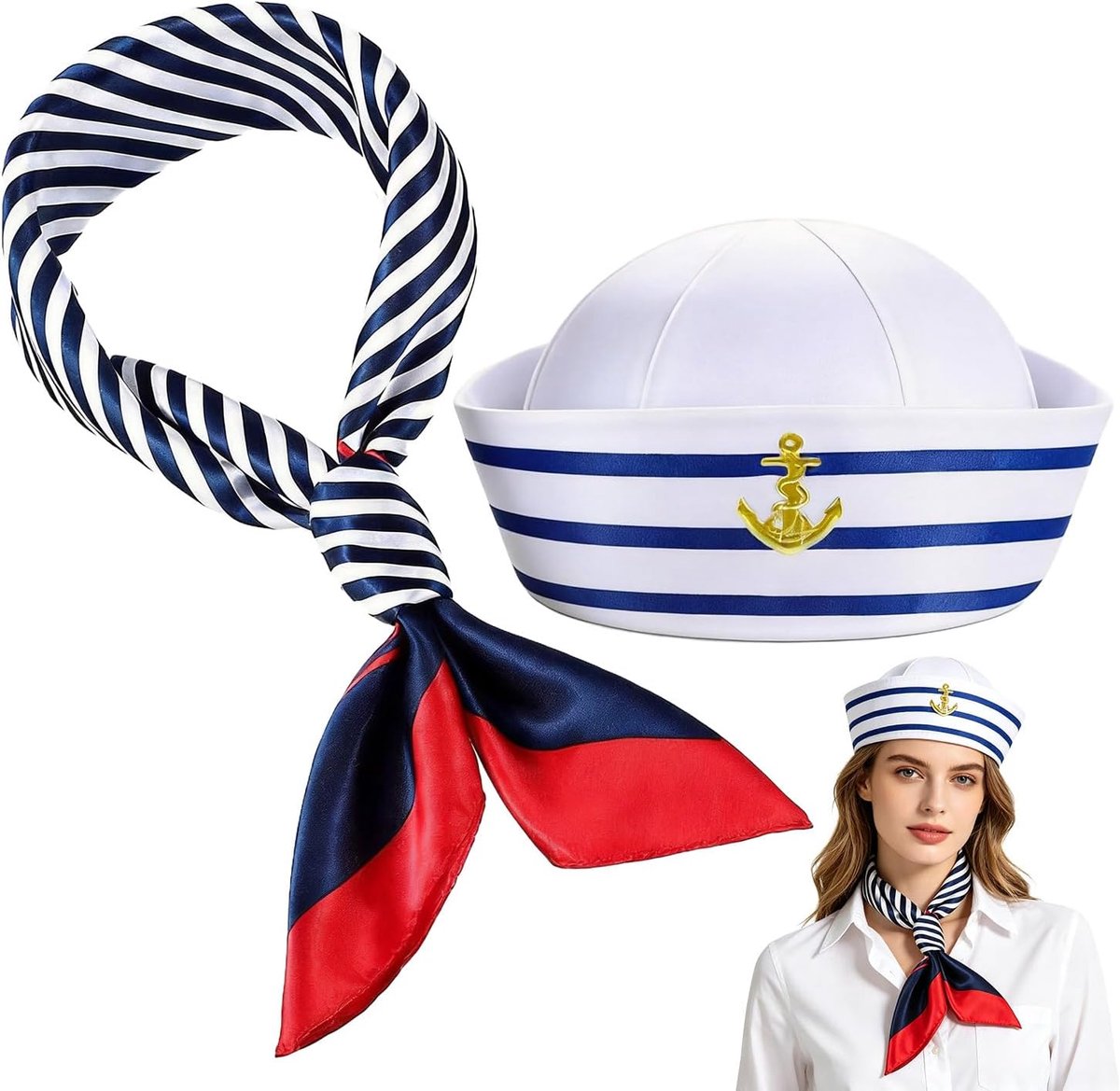 Kapiteinshoed en Sjaal Set voor Volwassenen - Witte Matrozenhoed met Blauw-Witte Nautische Sjaal 50x50 cm - Voor Verkleedfeesten en Thema-evenementen