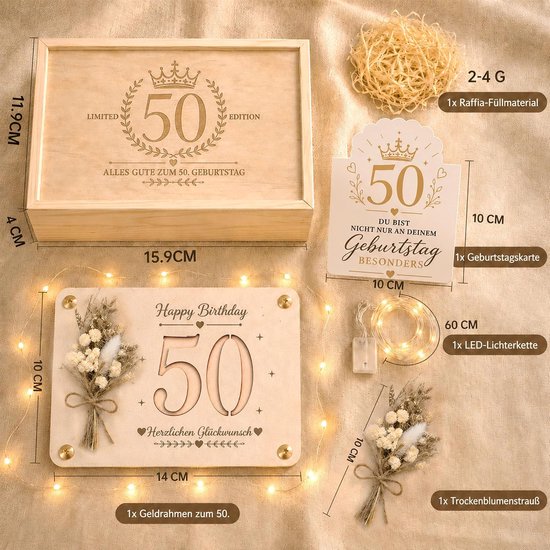 Geldgeschenken voor de 50e verjaardag van hout, verpakking met gelframe, gedroogde bloemen, cadeau voor 50e verjaardag, vrouw man, voor levenspartners — afbeelding 5