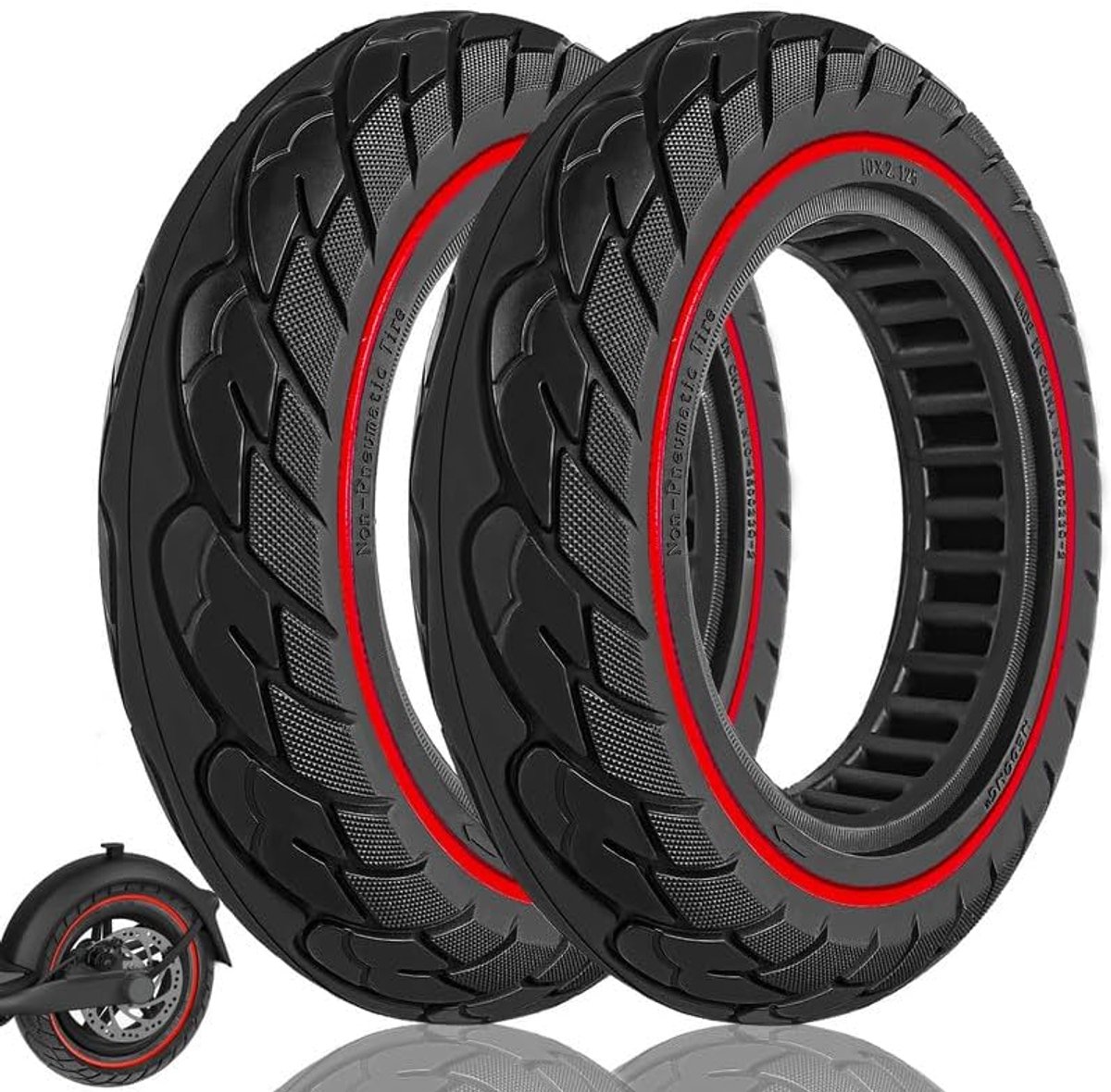 2 eenheden 10 inch 10 x 2,125, 50/75-6,1 volledige band voor Xiaomi scooter M365,1S Pro 2 Pro 4 Gotrax gxl XR V2, 10 x 2 elastisch wiel, lekvrij robuust (rood zwart)